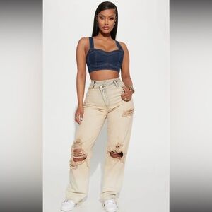 Fashion Nova Quite The Catch Crossover Non Stretch Straight Leg Jeans - Beige